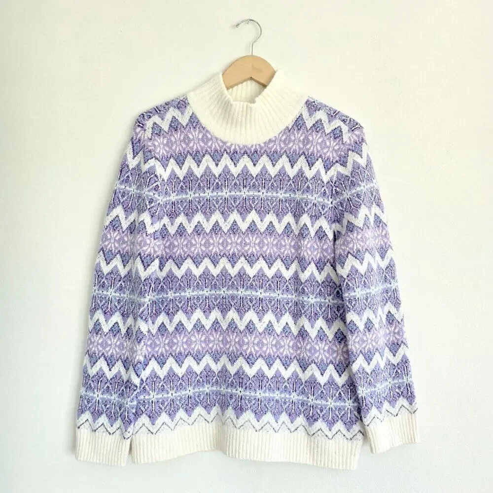 Talbots NWT Wool Blend Lavender Purple Cream White Turtleneck Alpine Sweater